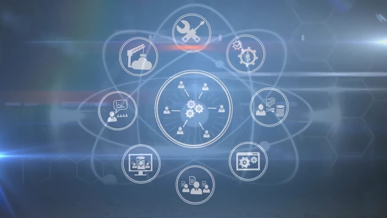 iconos digitales girando contra puntos de luz sobre un fondo azul