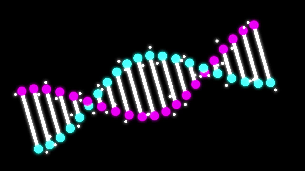 animación de fragmento de adn abstracto en fondo oscuro con bucle sin costuras en fondo negro. diseño conceptual de información genética para animación científica. holograma de adn rotativo azul brillante.