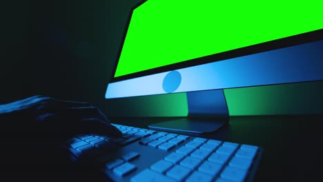 hands typing on a keyboard and green screen display.