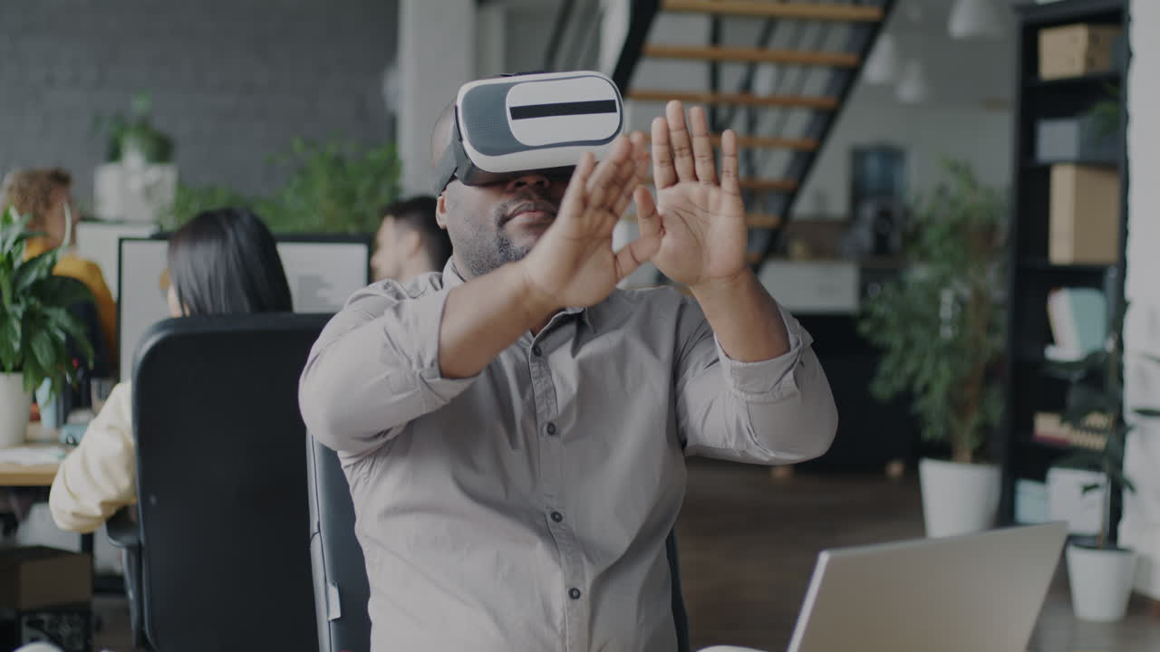 Business professional experiencing virtual reality in the office