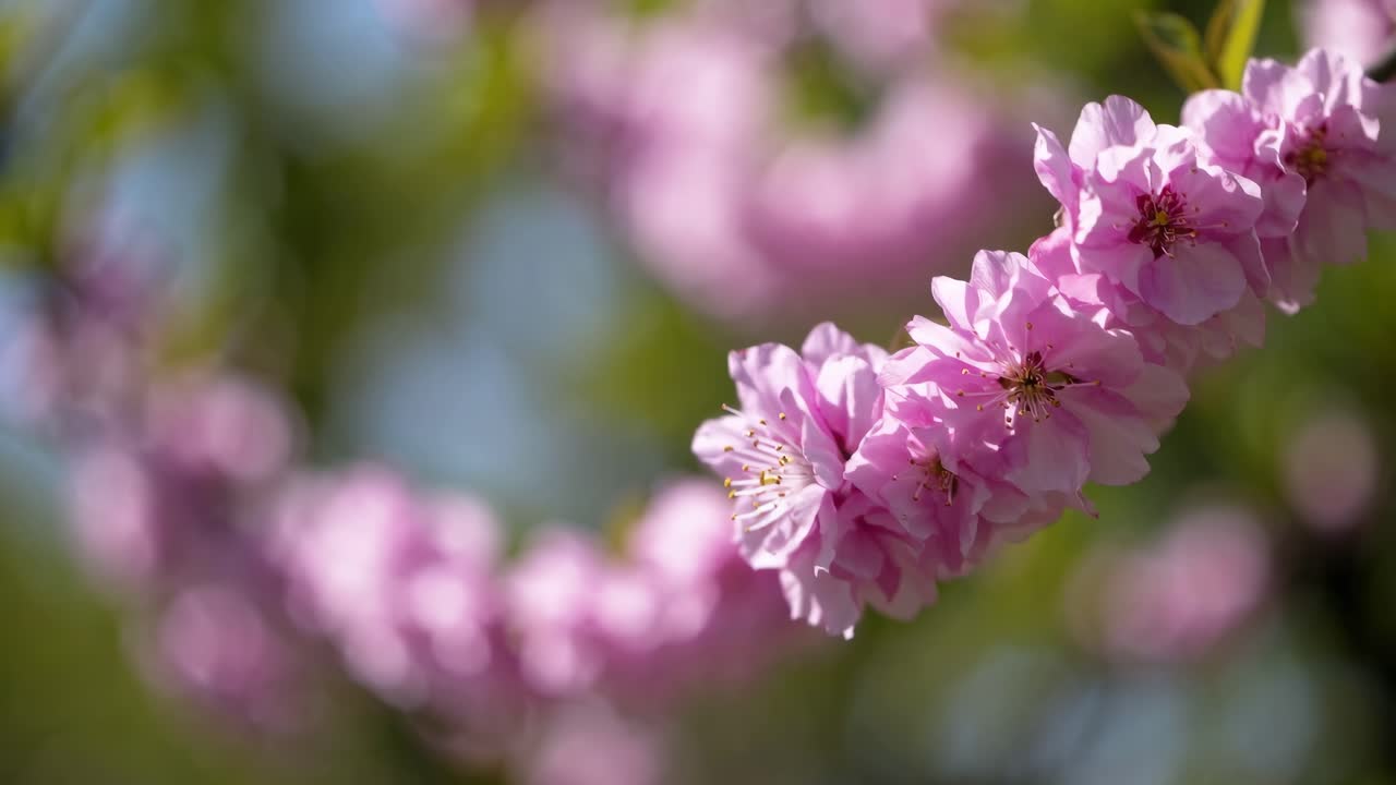 Close-up, low-angle shot of vibrant pink cherry blossoms in soft focus, creating a dreamy, serene