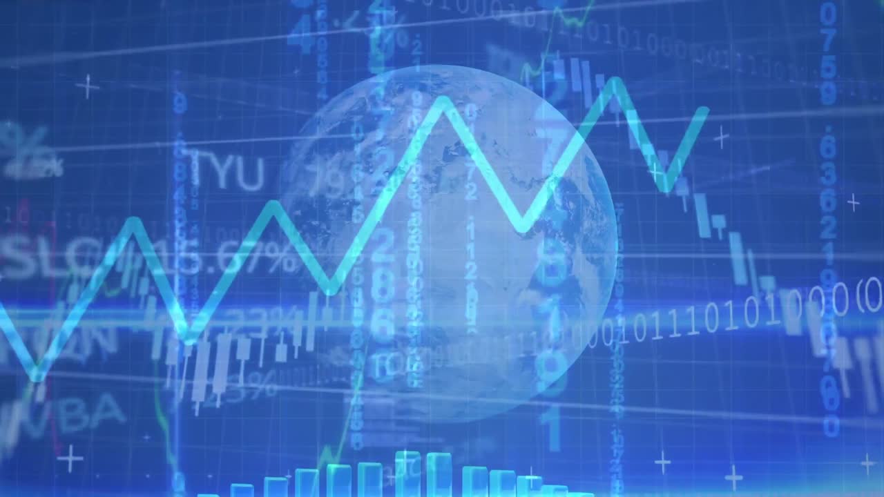 Processamento de dados financeiros sobre globo contra fundo azul