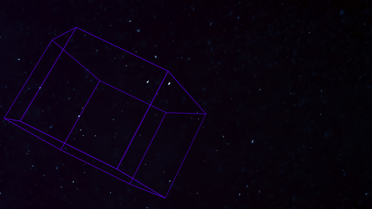 은하계에서 날아다니는 밝은 반짝임이 있는 기하학적 추상 큐브