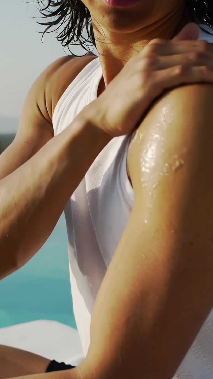 Video verticale: Uomo che si applica una lozione sulla spalla dopo una nuotata, su un cuscino a bordo piscina, con canottiera.