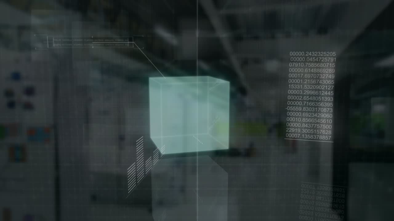 데이터 처리와 함께 회전하는 파란 사각형의 애니메이션