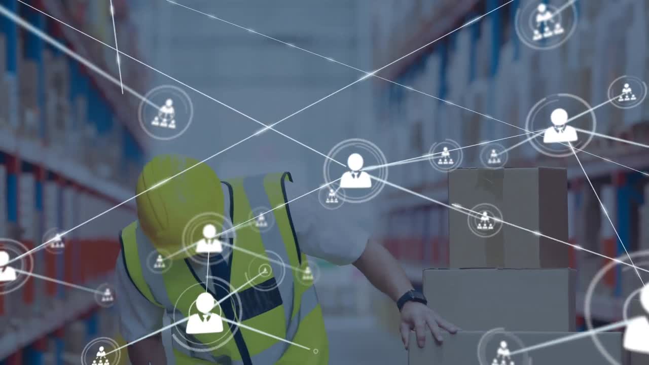 창고의 백인 남성 노동자에 대한 아이콘과 연결 네트워크의 애니메이션