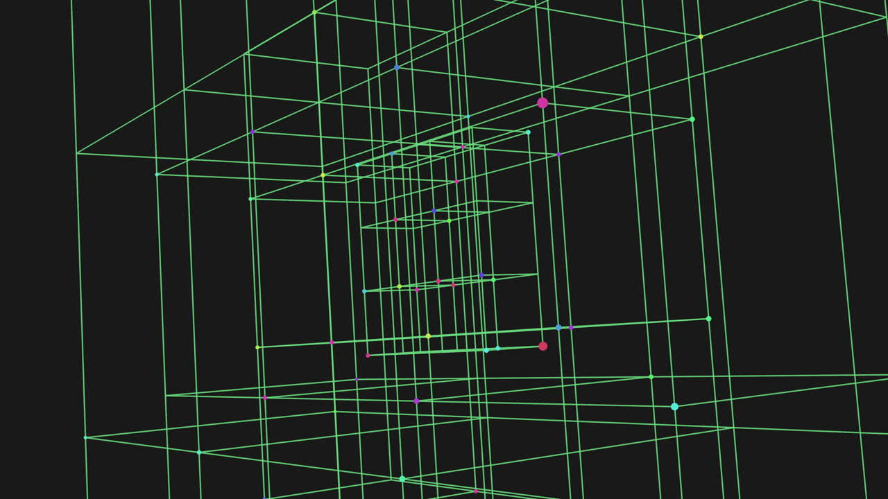 Digital cube with neon dots and lines on black gradient