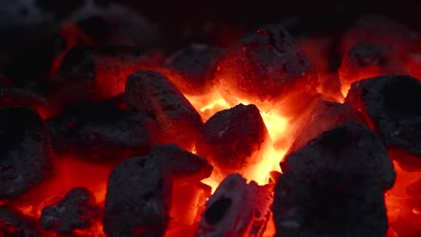 burning embers of coal briquettes on grill