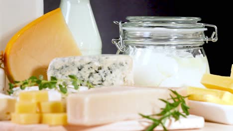 assorted dairy items arranged on a table