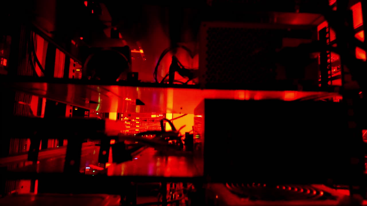 Close up of a server with flashing red lights in a data center