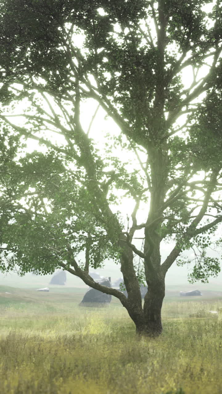 Calm and hazy scene with dewcovered grass and distant mountains