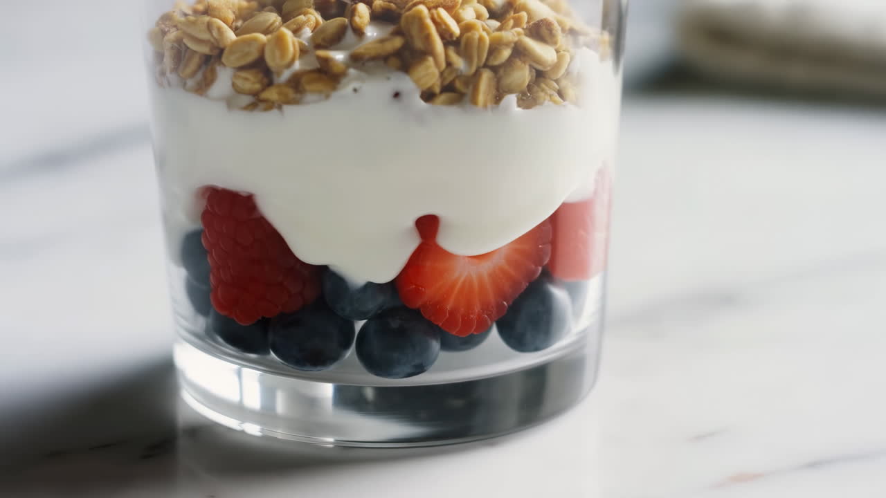 Parfait de vidro com iogurte, granola, morango e mirtilo, iogurte cremoso em camadas escorrendo sobre frutas frescas, torrado.