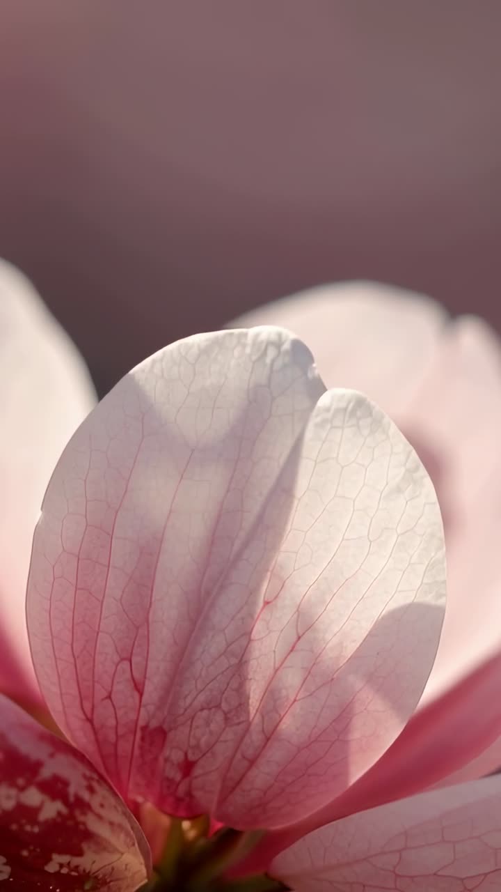Video verticale: Telecamera in movimento che rivela un fiore rosa su un ramo, mostrando le venature dello stelo per i dettagli.