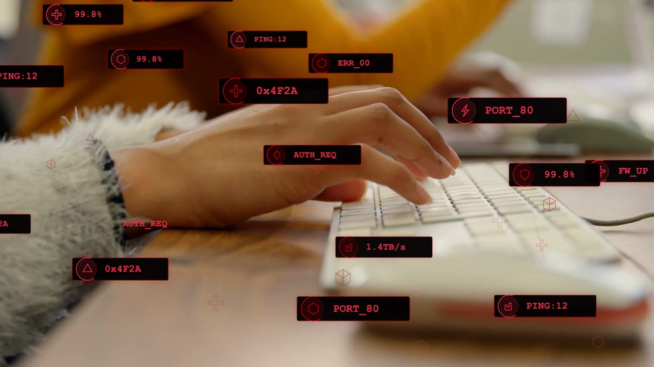 Hands on keyboard starting typing, moving to mouse, clicking as overlays appearing, showing metrics