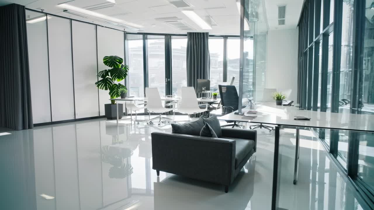 Modern office space with minimalist design, featuring large windows and sleek furniture