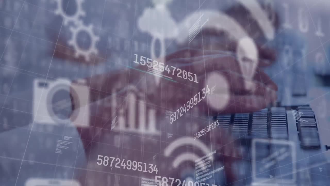 animación de números e iconos sobre un grupo de empresarios que trabajan