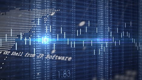 animation of financial data processing and world map over dark background