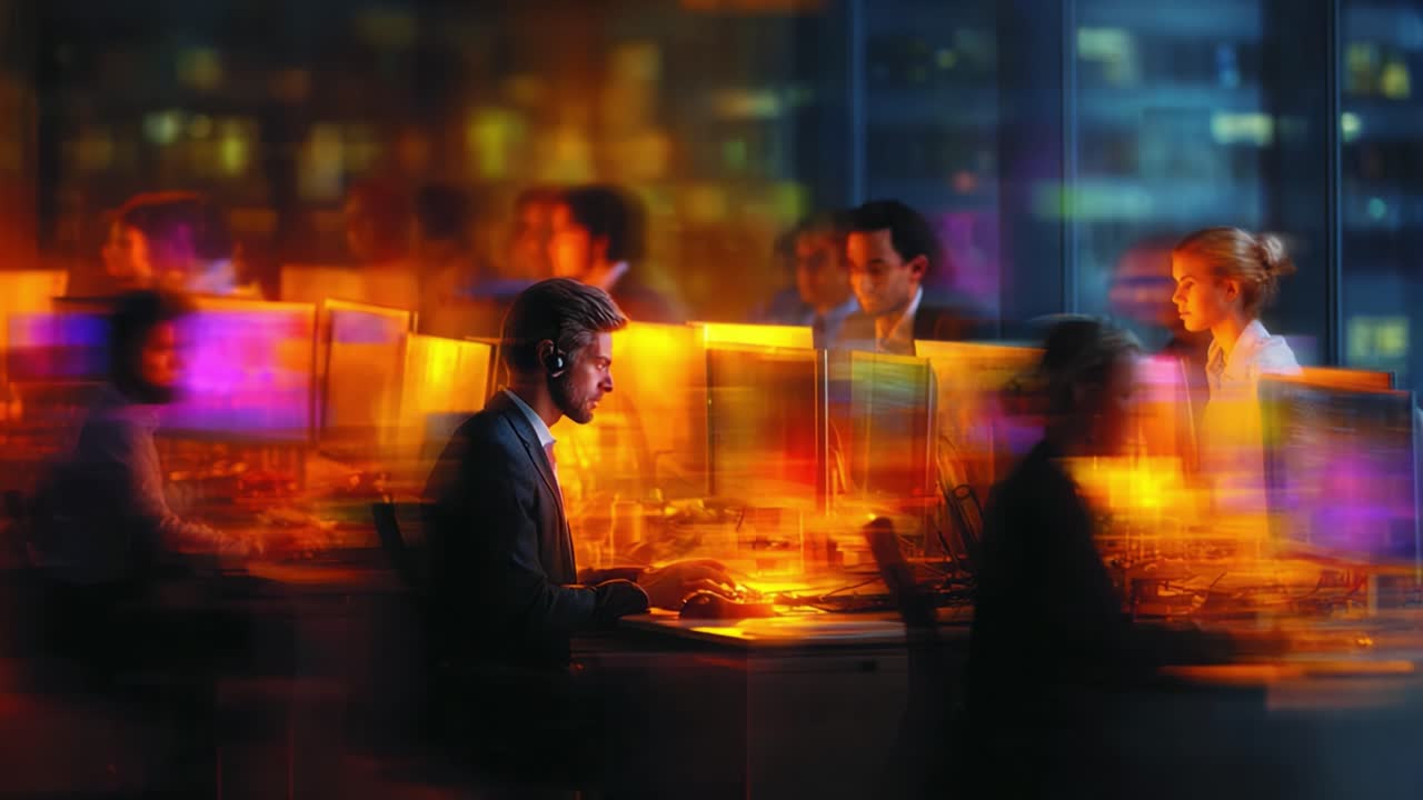 Meltdown of Productivity: A Dual Frame Exploration of Concentrated Professionals Engaged in Work at High-Tech Office Desks Amidst a Vibrant City Nightscape