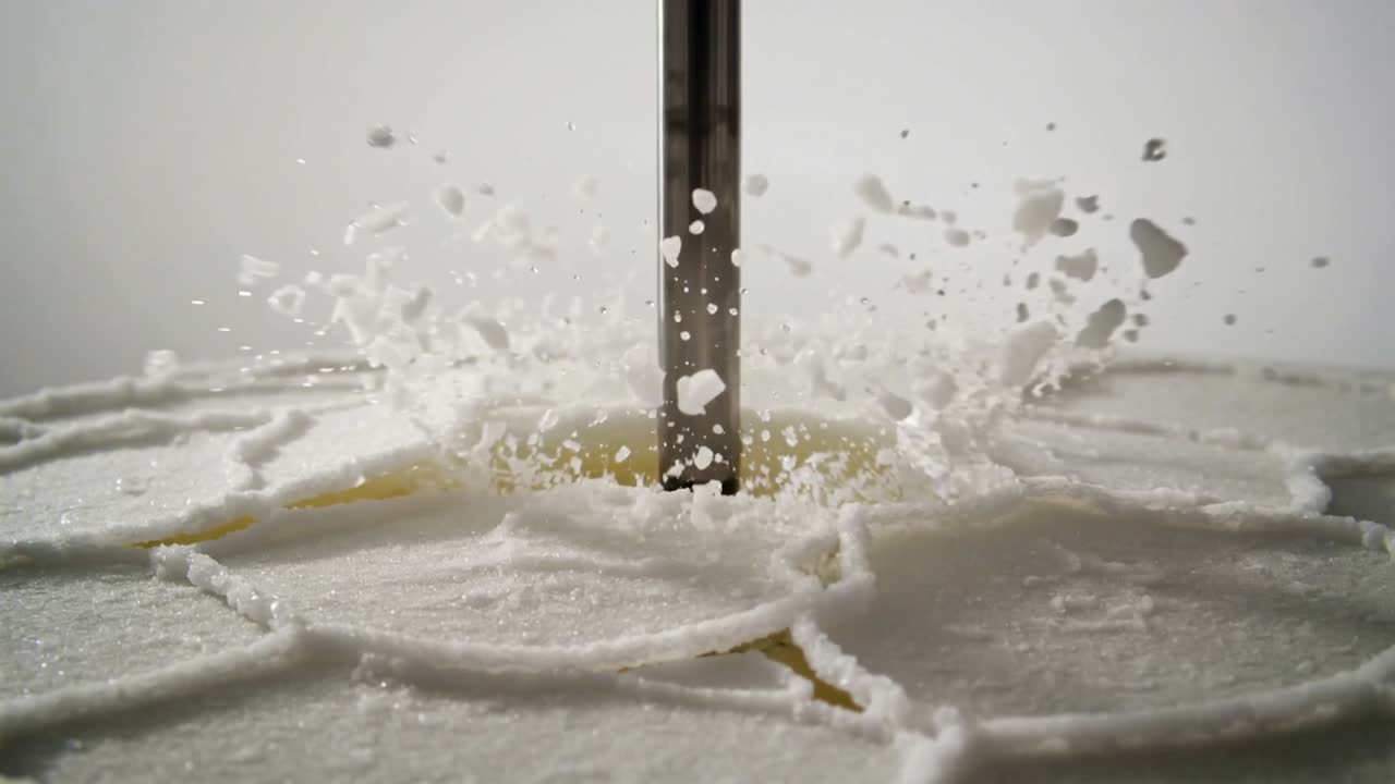 Descending stainless-steel shaft pressing into white granules in studio, lifting compacted chunk