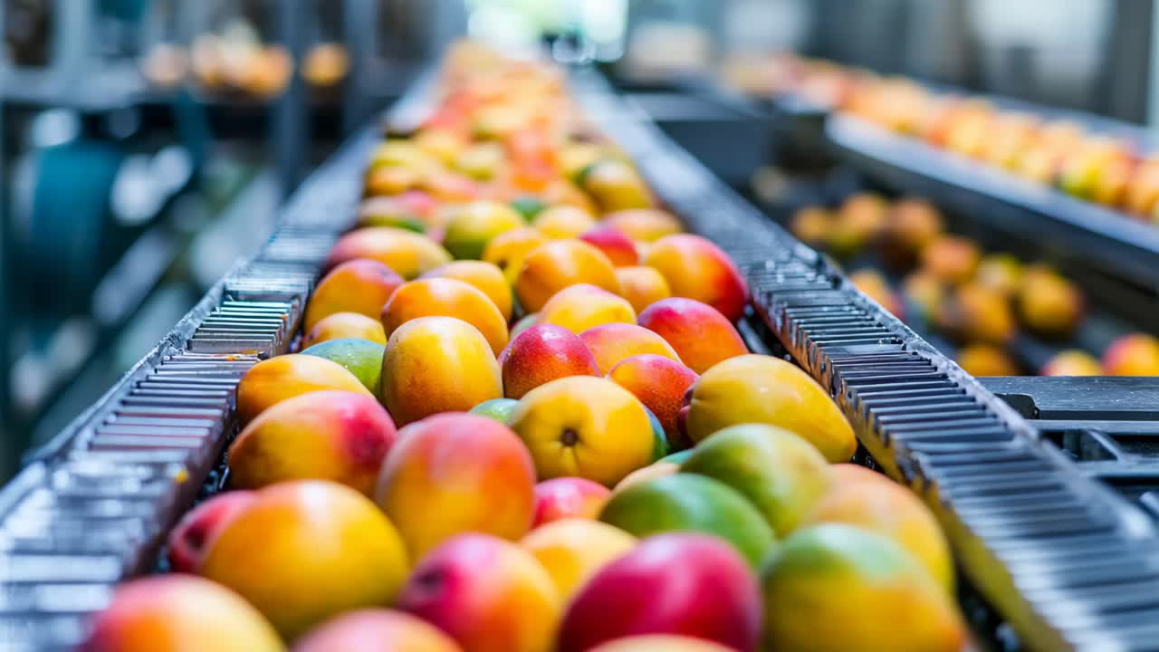 Mangoes on a Conveyor Belt in a Processing Facility