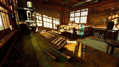 Retro-stylized-old-tools-on-wooden-table-in-a-joinery