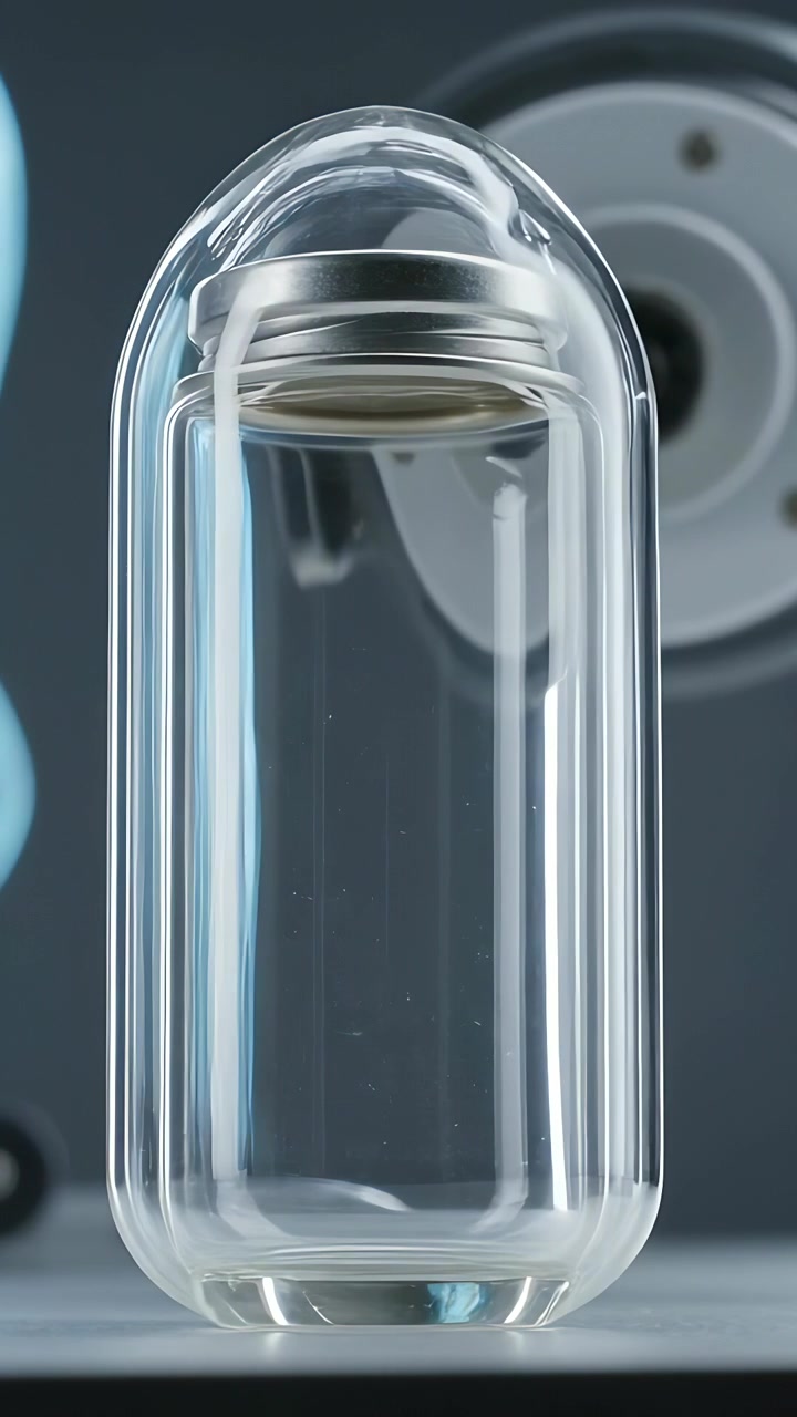 Video verticale: Fiala di vetro con tappo metallico su banco da laboratorio, con nastri blu in movimento e bagliore che si sposta.