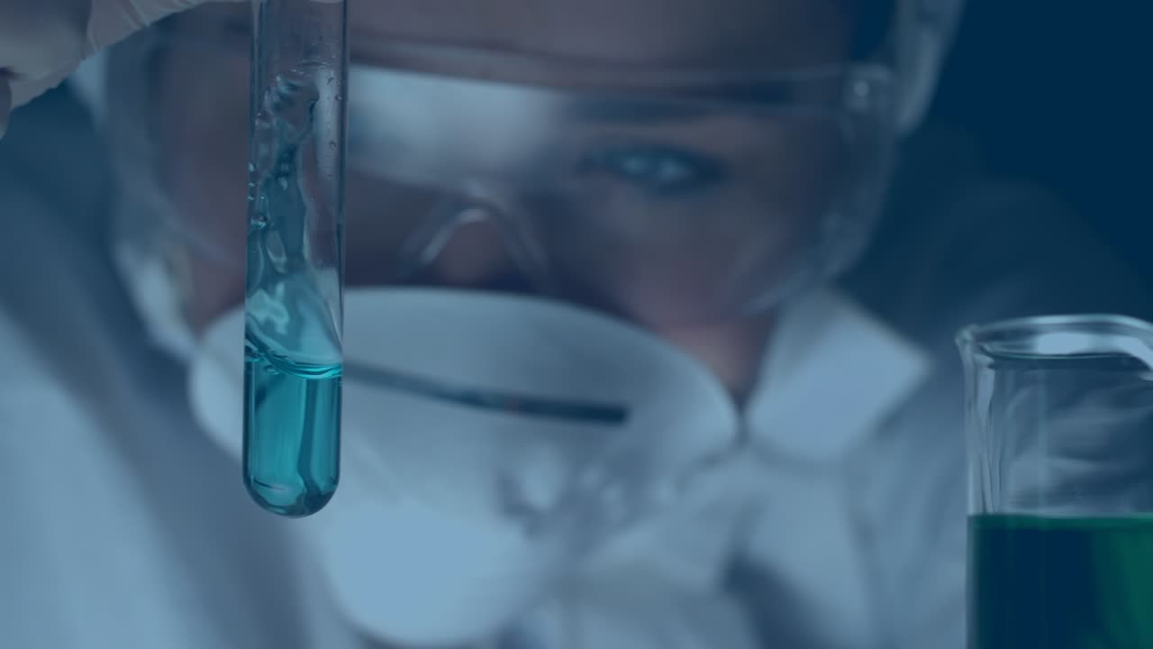 Animation of mathematical formulas over scientist in laboratory