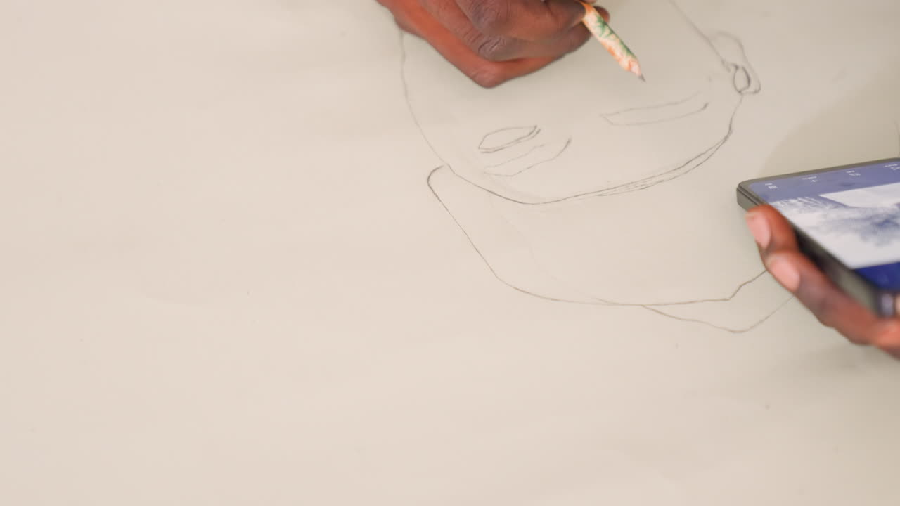 Artist sketches detailed. Dark hands craft subtle portrait. Closeup of artist shaping facial features with pencil. Refining portrait with careful shading and precise hand movements