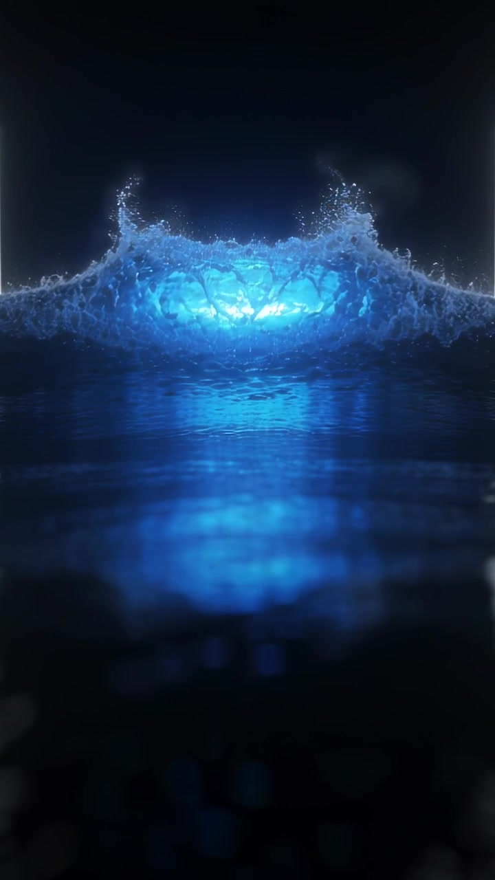 Video verticale: Luce blu emergente che solleva acqua lucida in uno schizzo a corona in studio, rivelando il nucleo