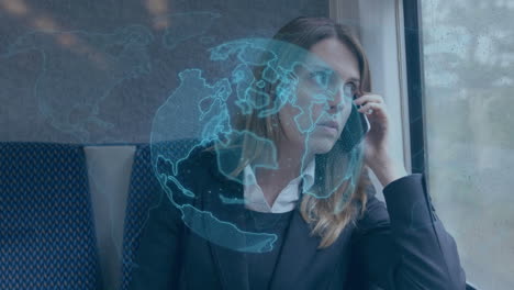 Animation-of-blue-globe-and-data-processing,-over-businesswoman-on-train-talking-on-smartphone