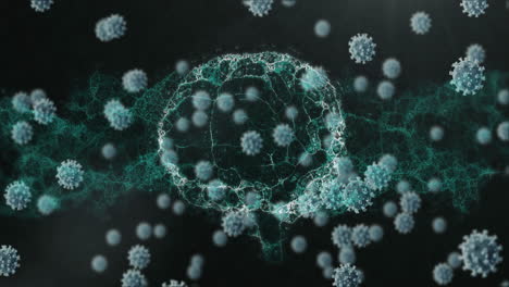 animation of macro coronavirus covid-19 cells floating over a brain spinning