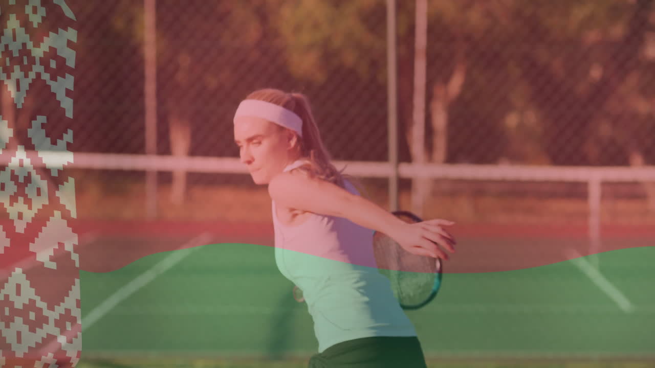 Female tennis player swinging racket on court, with overlay showing shot metrics in sports tech