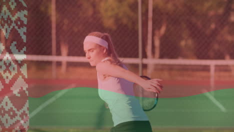 female tennis player swinging racket on court, with overlay showing shot metrics in sports tech