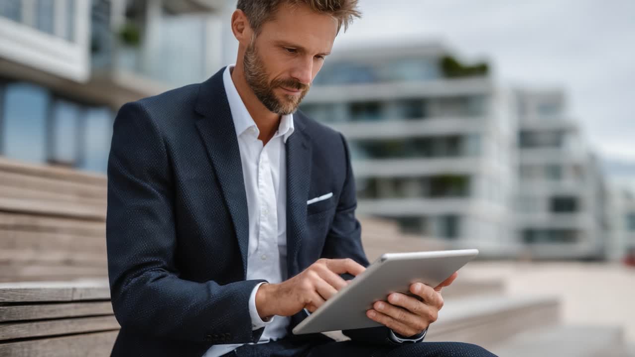 Focused Professional Engaged in Digital Task on Tablet Amid Modern Urban Backdrop, Seamlessly Blending Business and Technology in Professional Environment