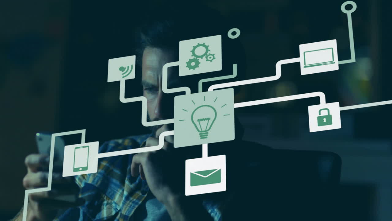 Technology network animation over person using smartphone in dark environment