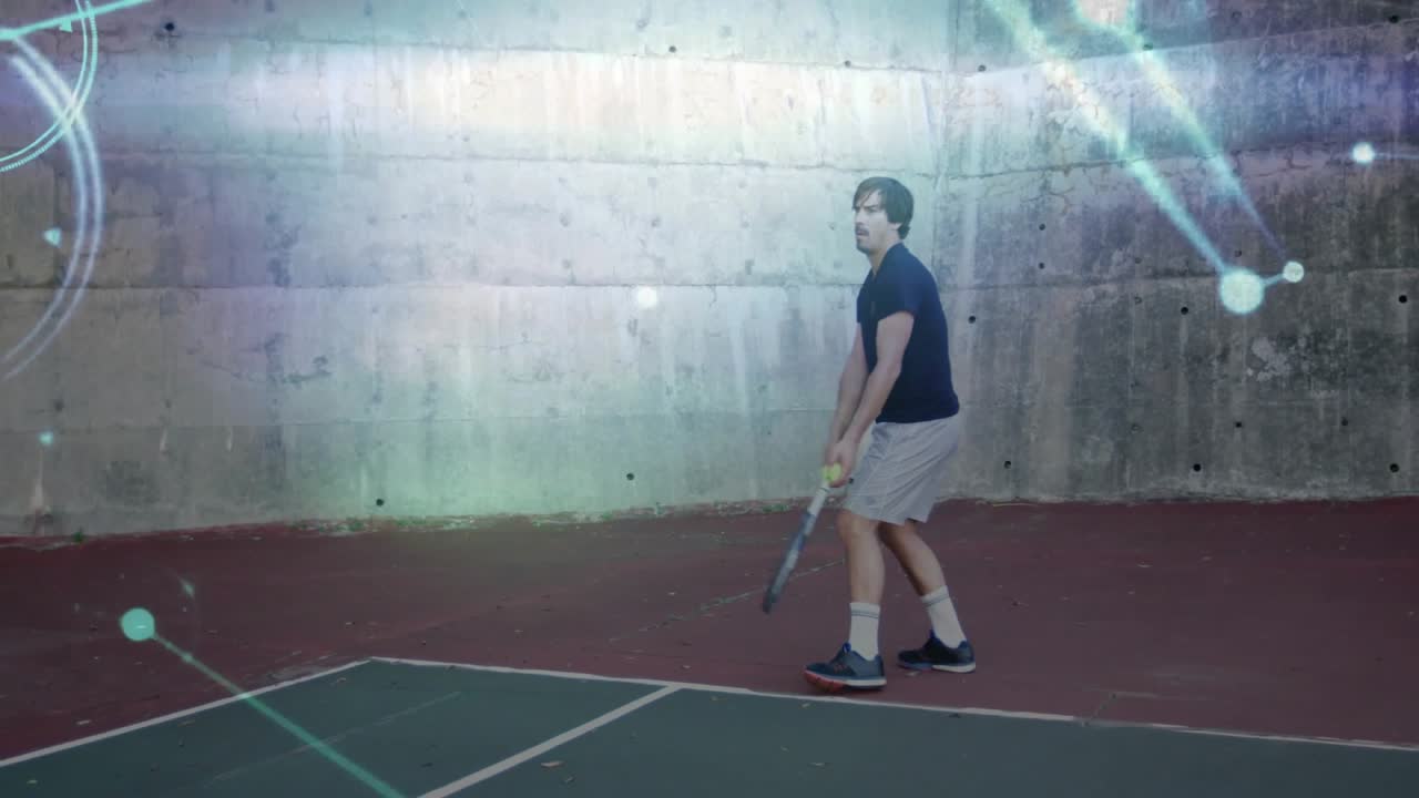 man practicing tennis for sports training, hitting ball against wall with lens-flare overlays