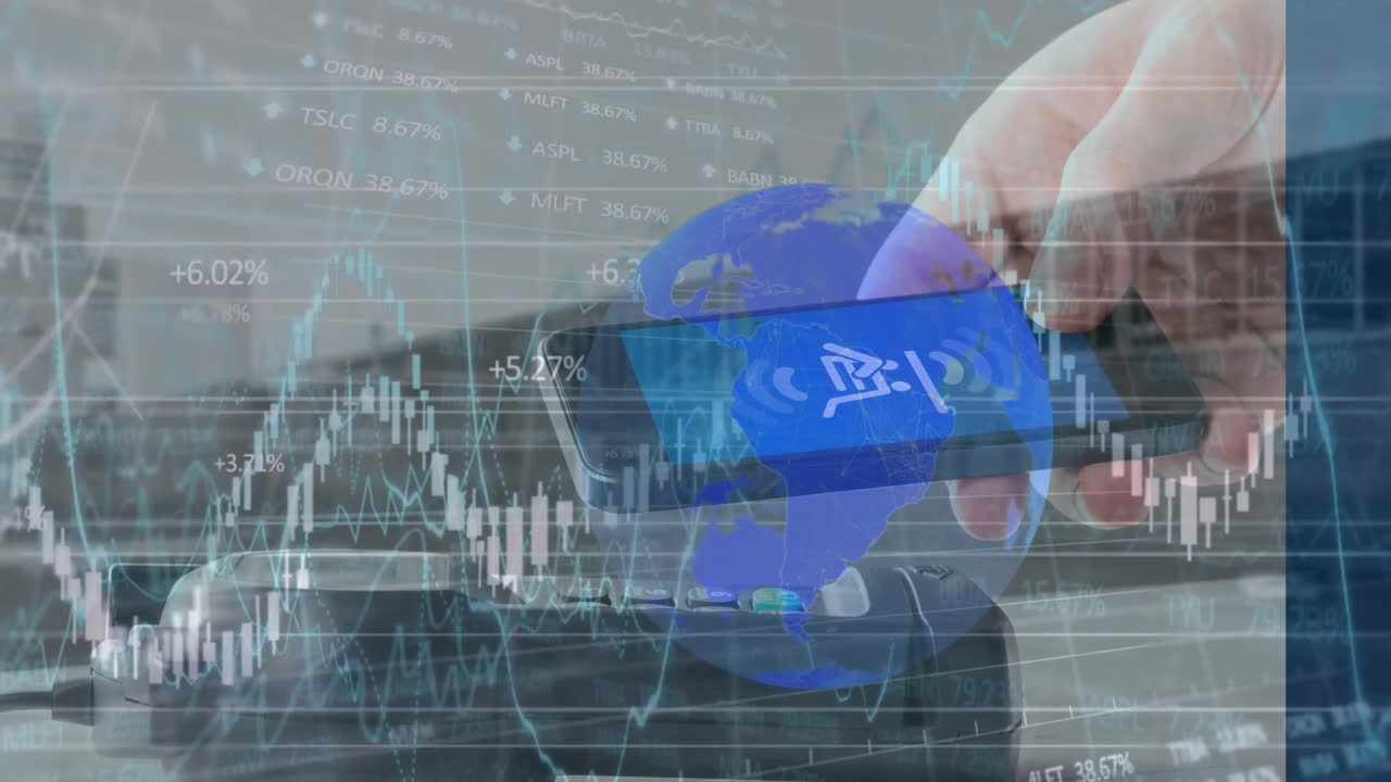 스마트 폰과 결제 단말기를 가진 사람을 통해 금융 데이터 처리의 애니메이션