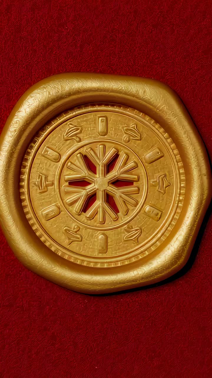Vertical video: Moving camera shifting clockwise over red cloth, centering gold medallion