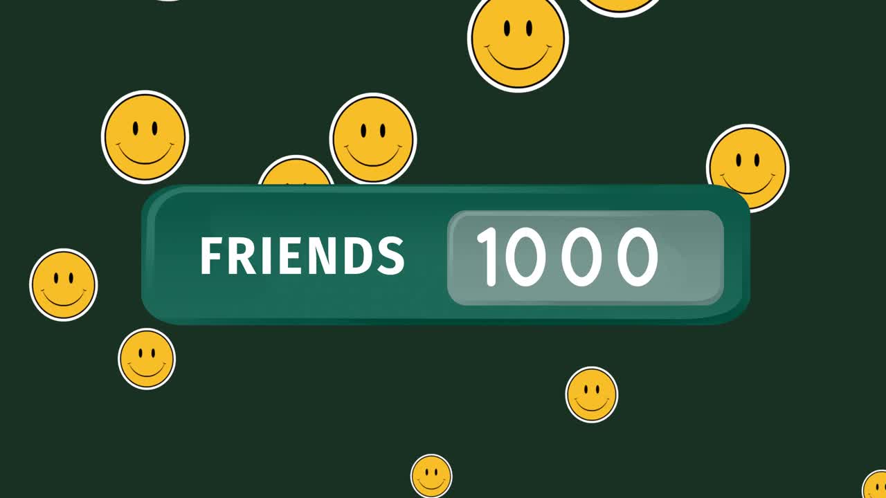 녹색 배경에 있는 여러 이모지 아이콘 위에 숫자가 바뀌고 친구들이 텍스트를 보내는 애니메이션