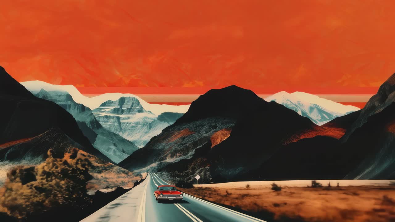 Surreal video scene of a car on a mountain road under an orange sky