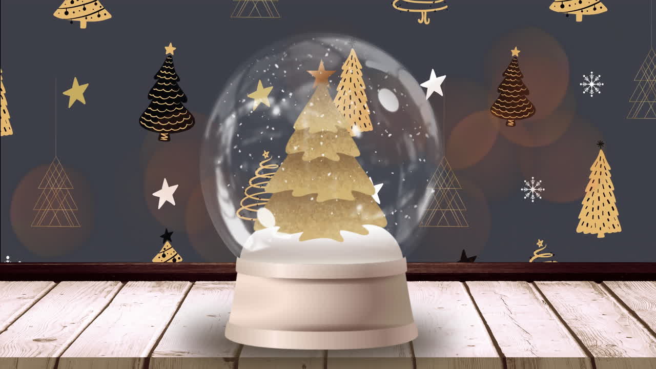Animation of snow globe and christmas trees over light spot
