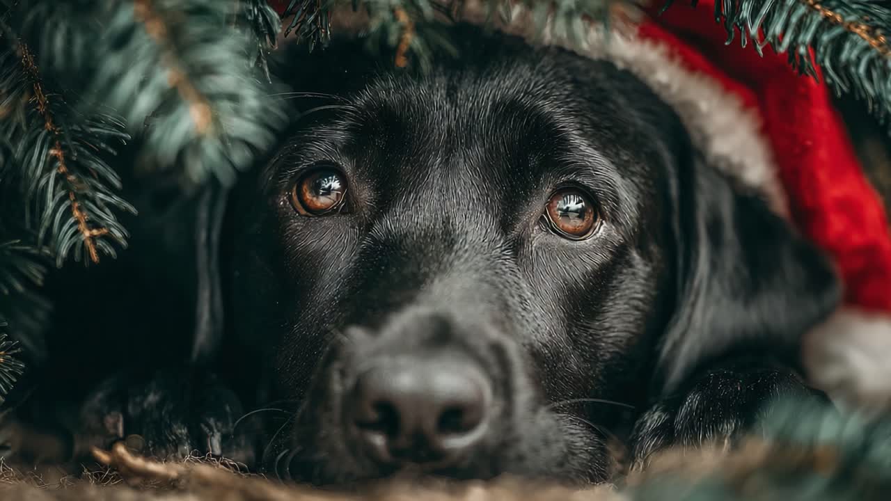 Adorable Black Labrador in Festive Attire Hiding Under Christmas Tree, Exuding a Heartwarming Expression of Anticipation and Comfort During the Holidays