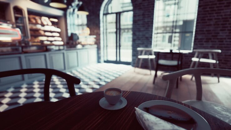 Cozy Cafe Interior with Coffee and Pastry