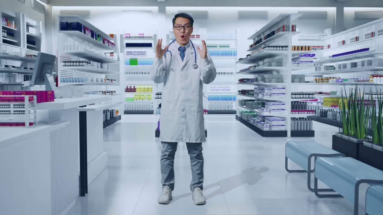 스테토스코프를 가진 아시아 남성 의사의 몸통이 가득 차 있습니다. 제스처를 보여주는 손, 손바닥, 와우라고 말하는, 그리고 약국에서 웃는