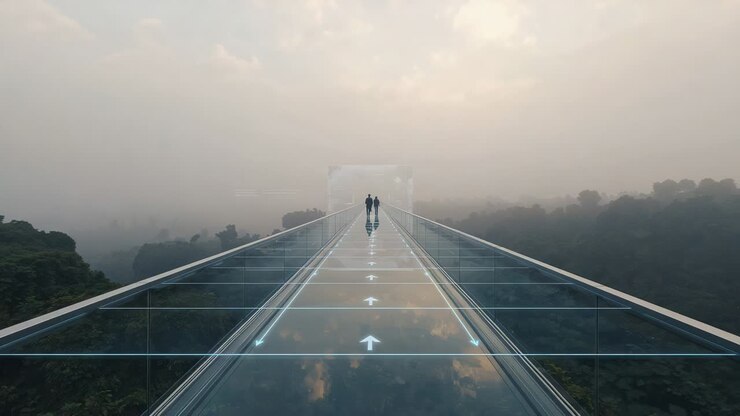 Stepping onto glass skywalk, two companions walking to reach viewing arch, wearing dark coats