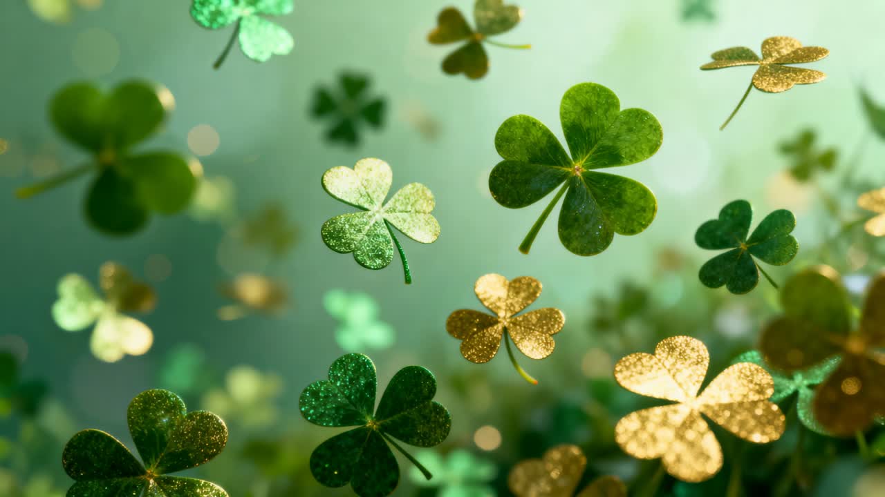 Drifting glittered shamrock cluster rotating and catching warm sun in clover closeup, golden bokeh