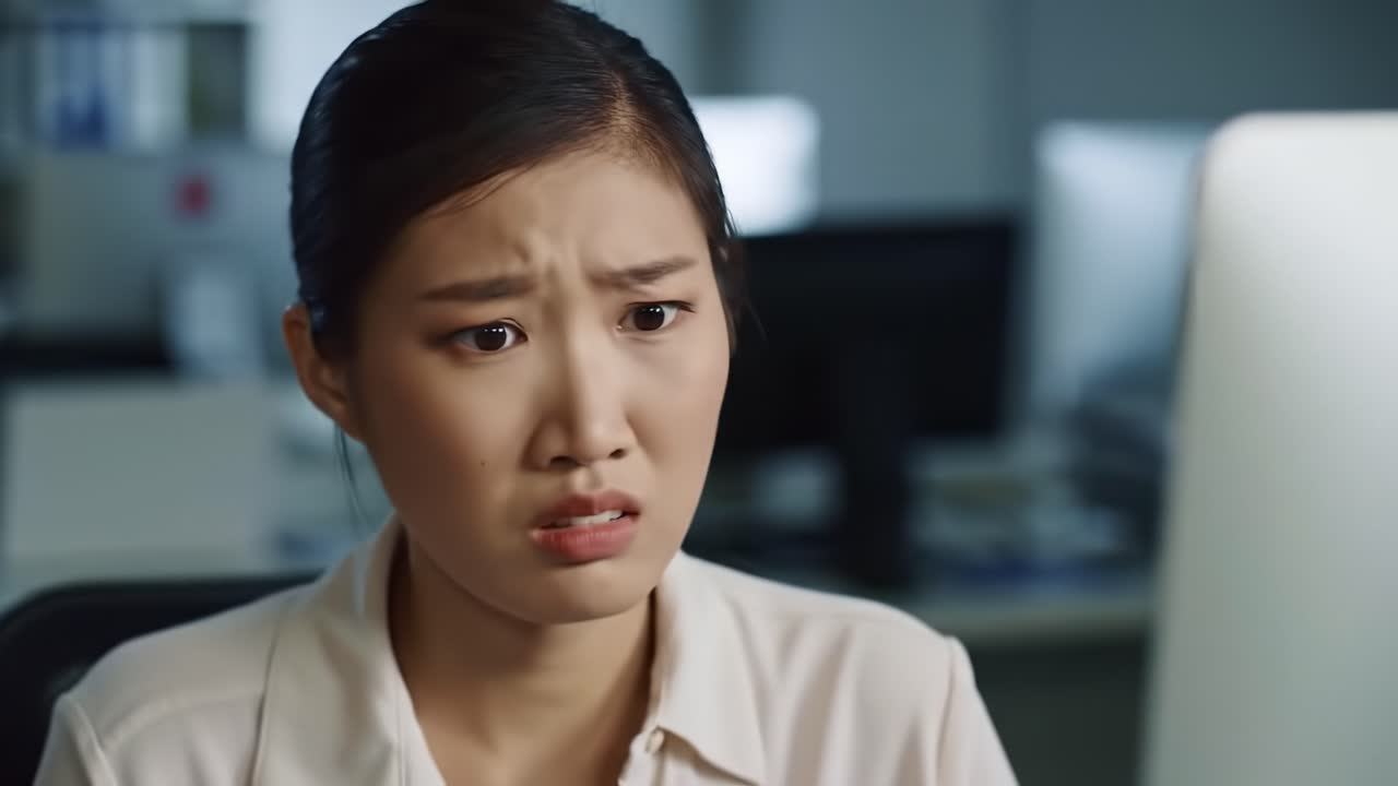 An employee in an office shows a worried expression while staring at a computer screen. The atmosphere is tense as the unexpected information unfolds, creating a sense of urgency.