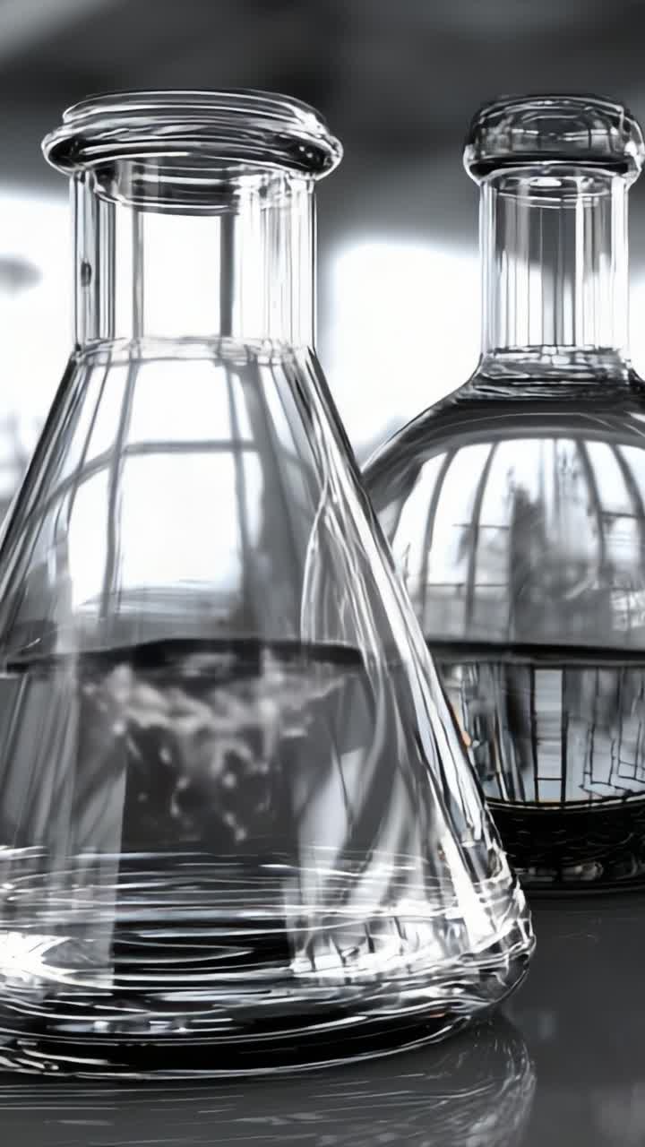 Captivating Close-Up of Laboratory Glassware: Two Sleek, Transparent Flasks Showcasing the Intricate Reflections and Clarity of Stored Liquids in a Modern Lab Setting