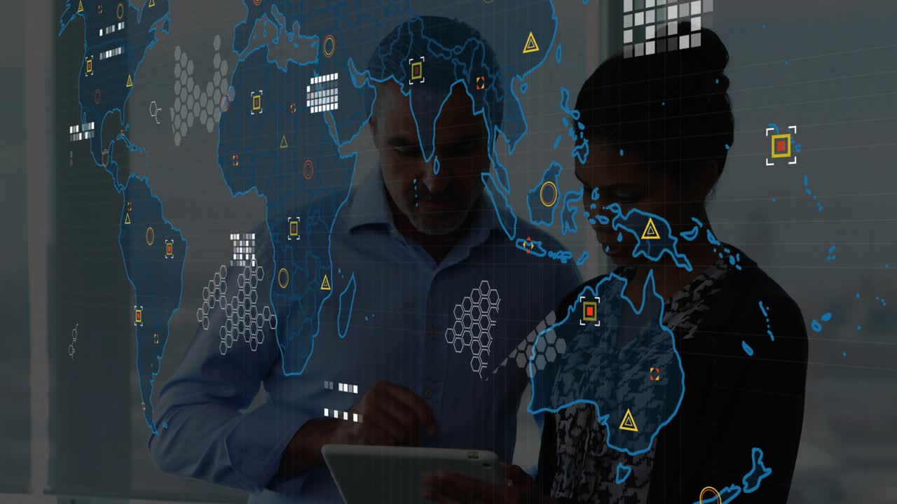 Colleagues tapping tablet, causing map HUD fading into nodes and widgets while analyzing tech data