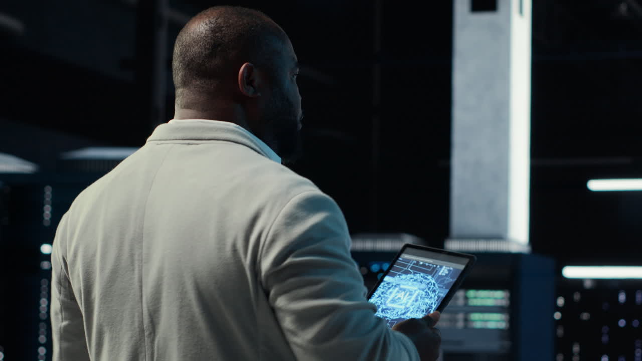 Vertical video Server room software developer troubleshooting errors using software